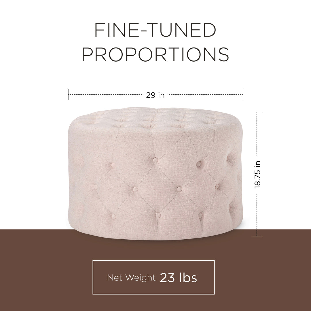 Maven Lane Marcy Traditional Round Ottoman in Cream Fabric Upholstery (Open Box)