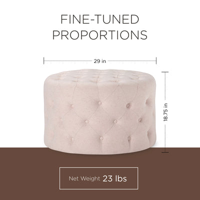 Maven Lane Marcy Traditional Round Ottoman in Cream Fabric Upholstery (Open Box) - VMInnovations