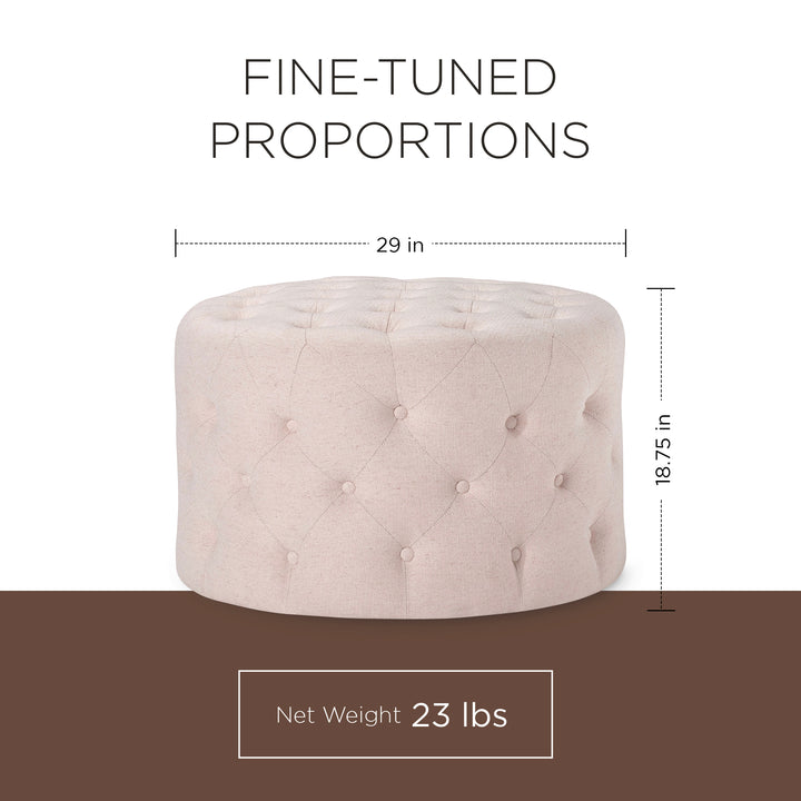 Maven Lane Marcy Traditional Round Ottoman in Cream Fabric Upholstery (Open Box)