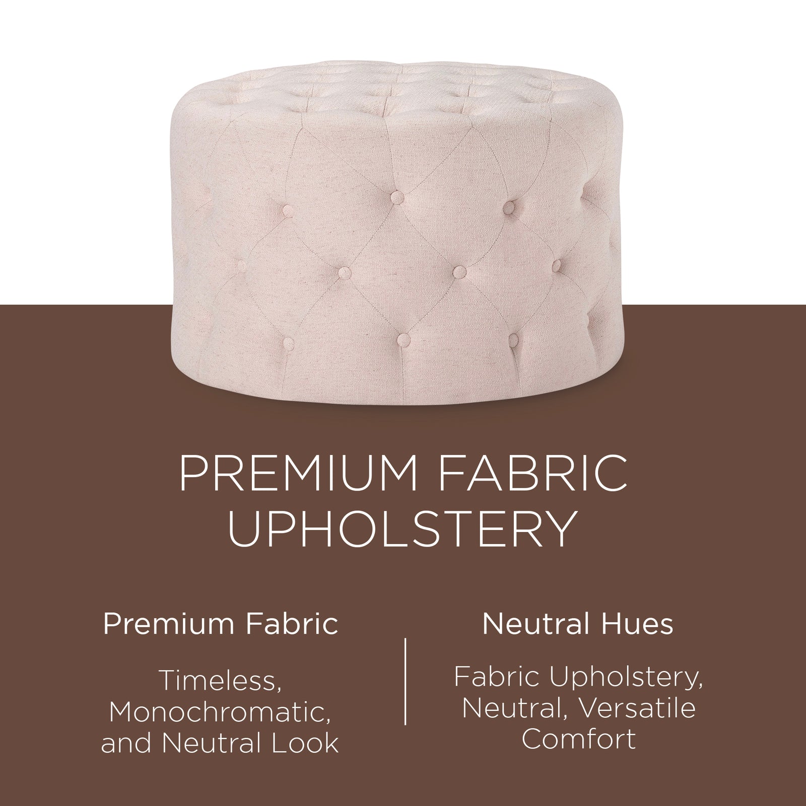 Maven Lane Marcy Traditional Round Ottoman in Cream Fabric Upholstery - VMInnovations