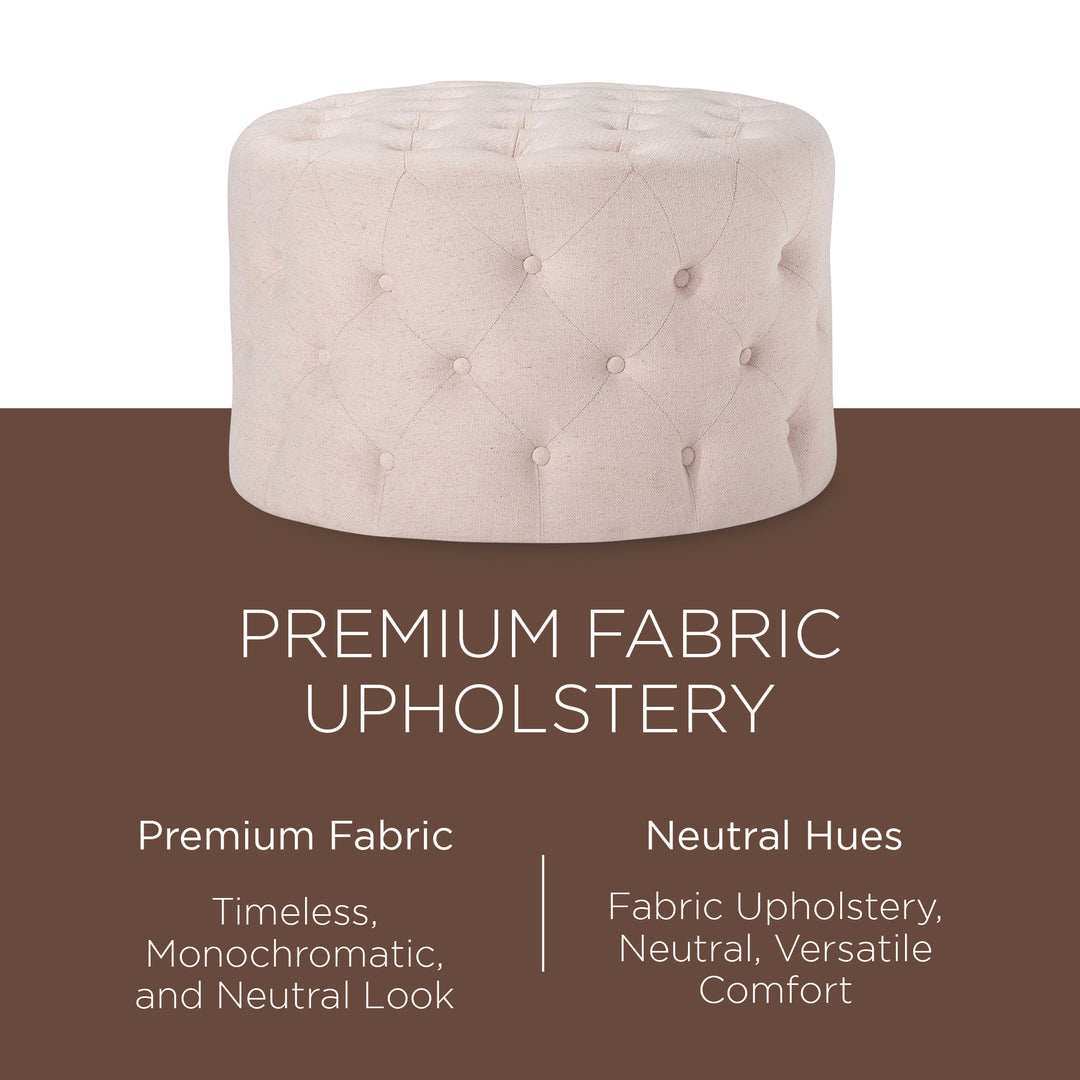 Maven Lane Marcy Traditional Round Ottoman in Cream Fabric Upholstery (Open Box)