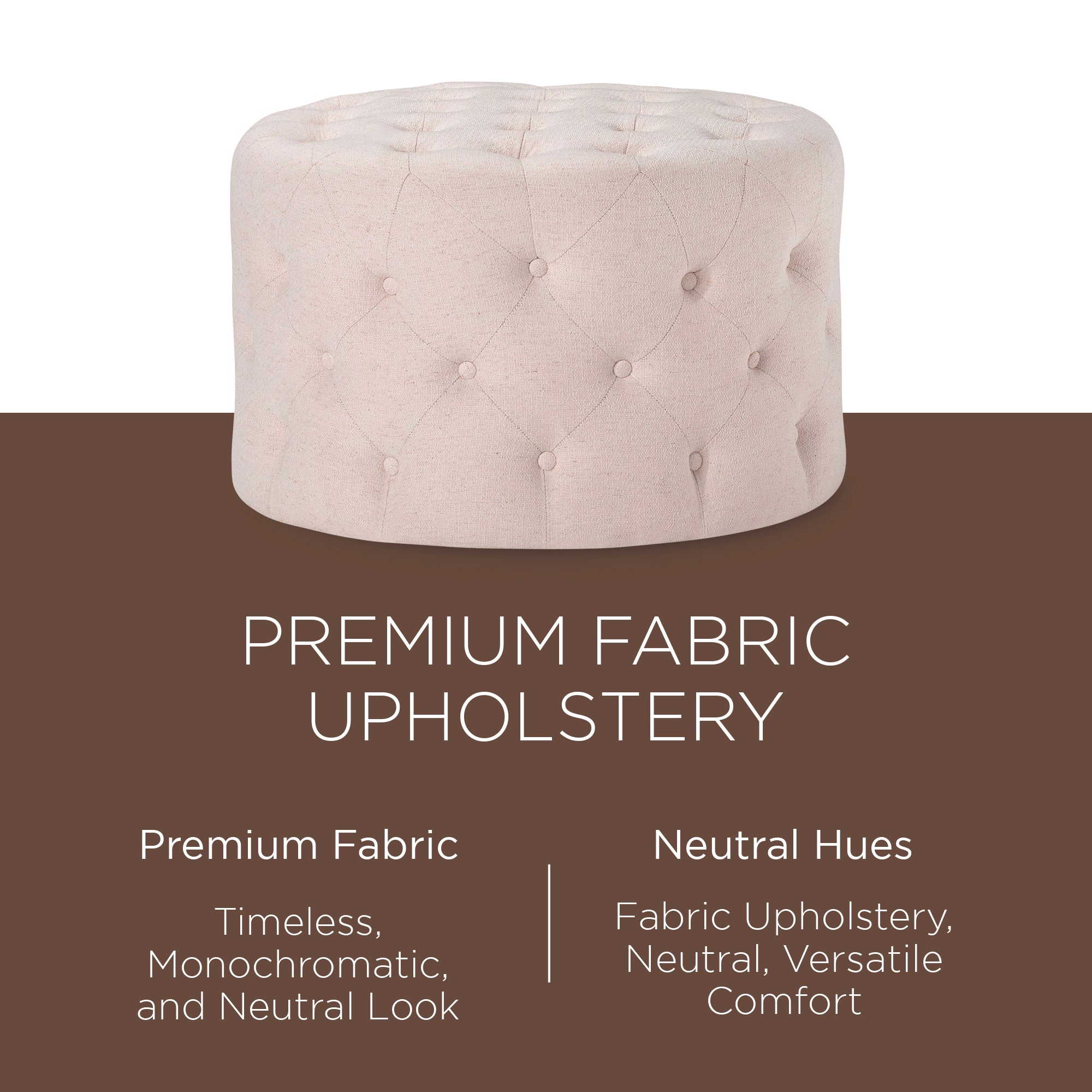 Maven Lane Marcy Traditional Round Ottoman in Cream Fabric Upholstery (Open Box) - VMInnovations