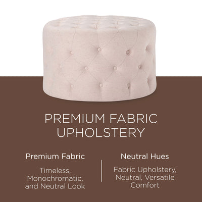 Maven Lane Marcy Traditional Round Ottoman in Cream Fabric Upholstery (Open Box) - VMInnovations