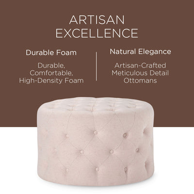 Maven Lane Marcy Traditional Round Ottoman in Cream Fabric Upholstery (Open Box) - VMInnovations