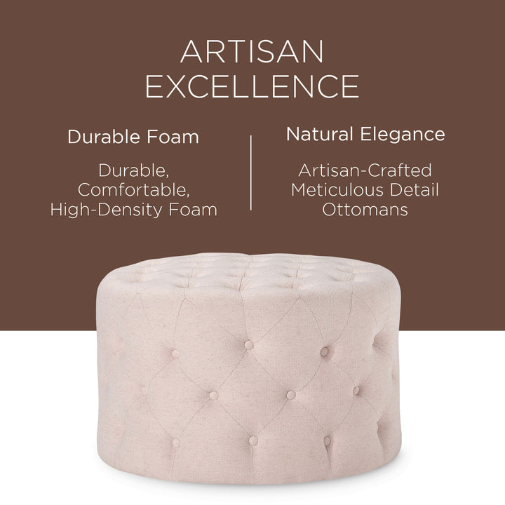 Maven Lane Marcy Traditional Round Ottoman in Cream Fabric Upholstery (Open Box)