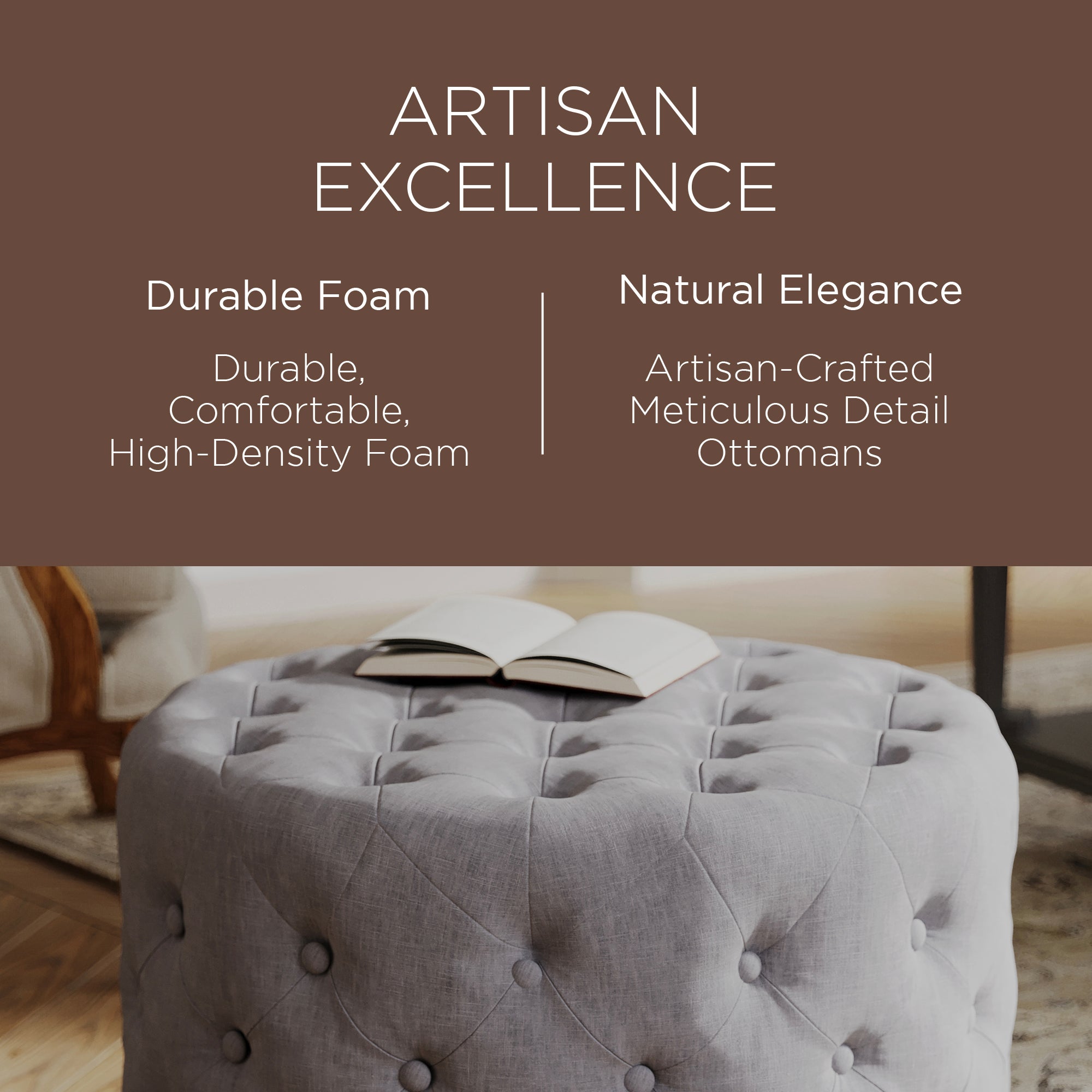 Maven Lane Marcy Traditional Round Ottoman in Slate Fabric Upholstery (Open Box) - VMInnovations