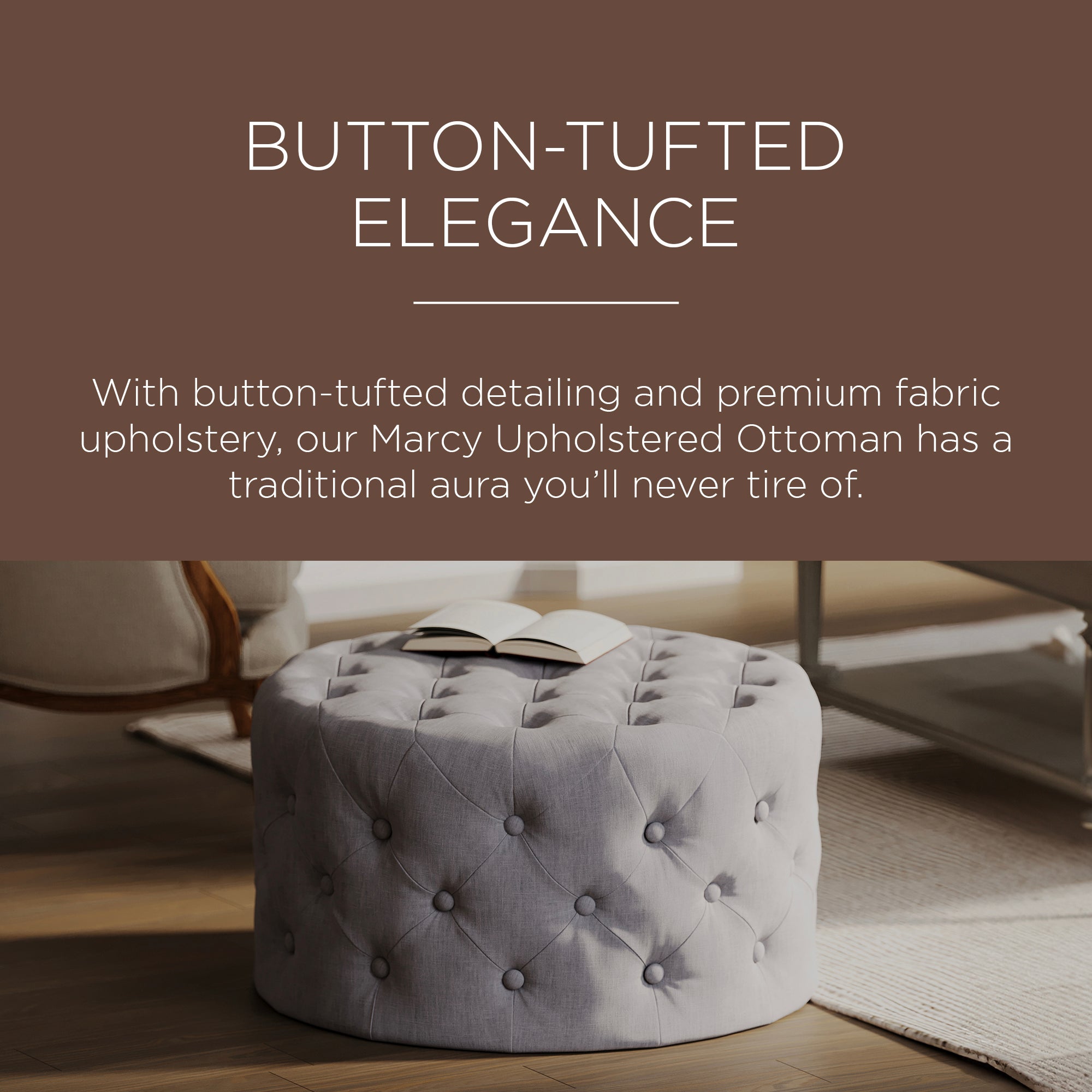 Maven Lane Marcy Traditional Round Ottoman in Slate Fabric Upholstery (Open Box) - VMInnovations