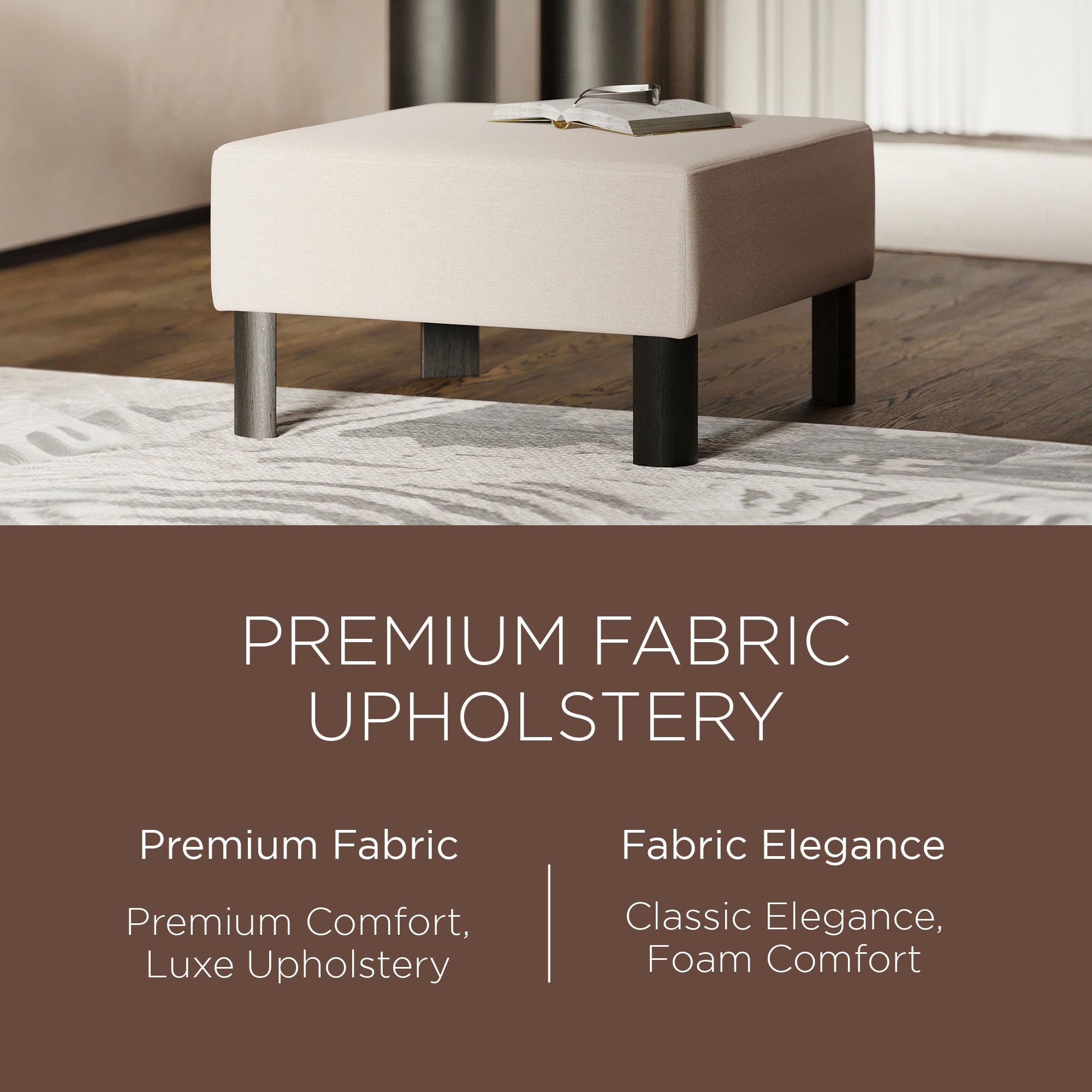 Maven Lane Lena Contemporary Upholstered Ottoman with Refined Black Wood Finish - VMInnovations