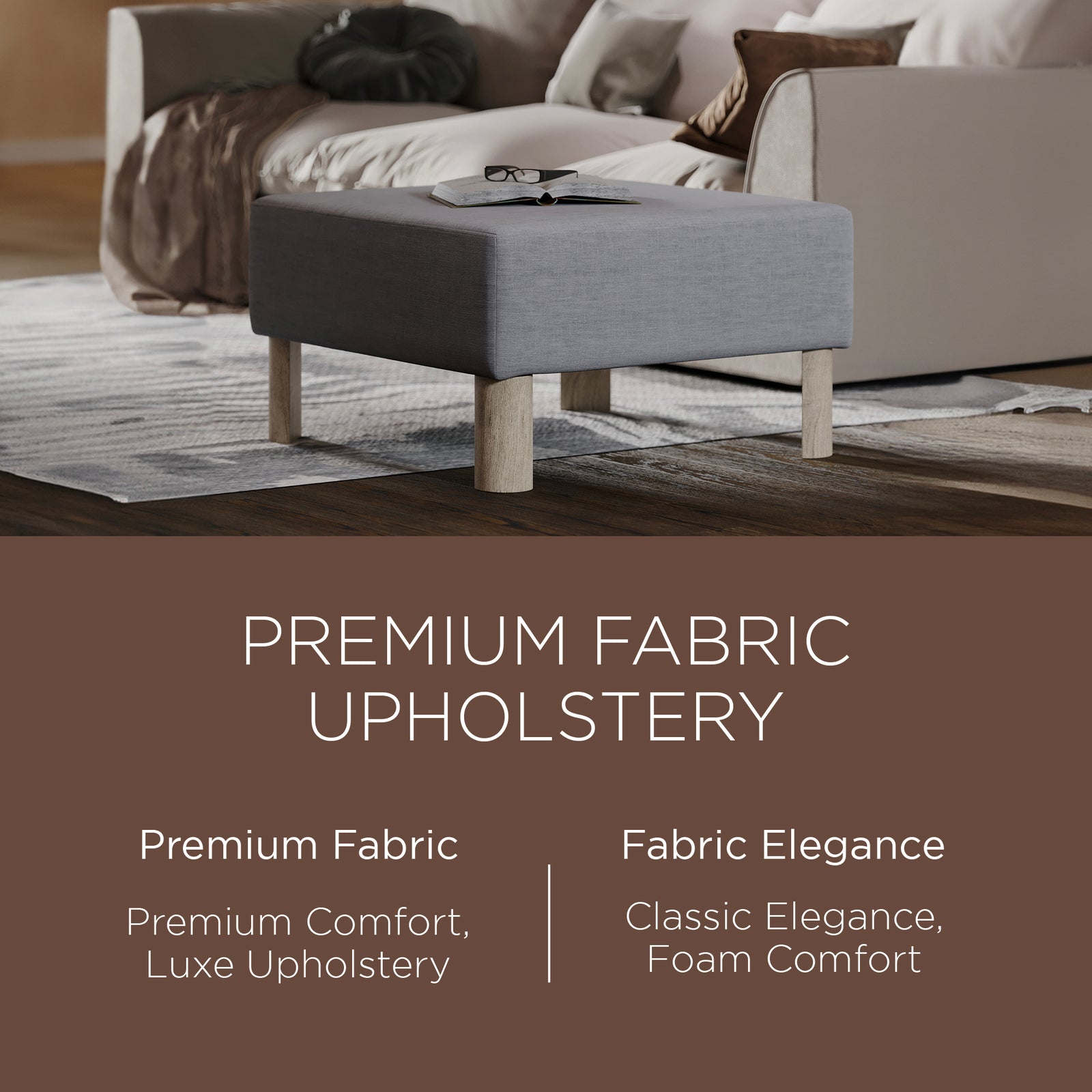 Maven Lane Lena Contemporary Upholstered Ottoman with Refined Grey Wood Finish - VMInnovations