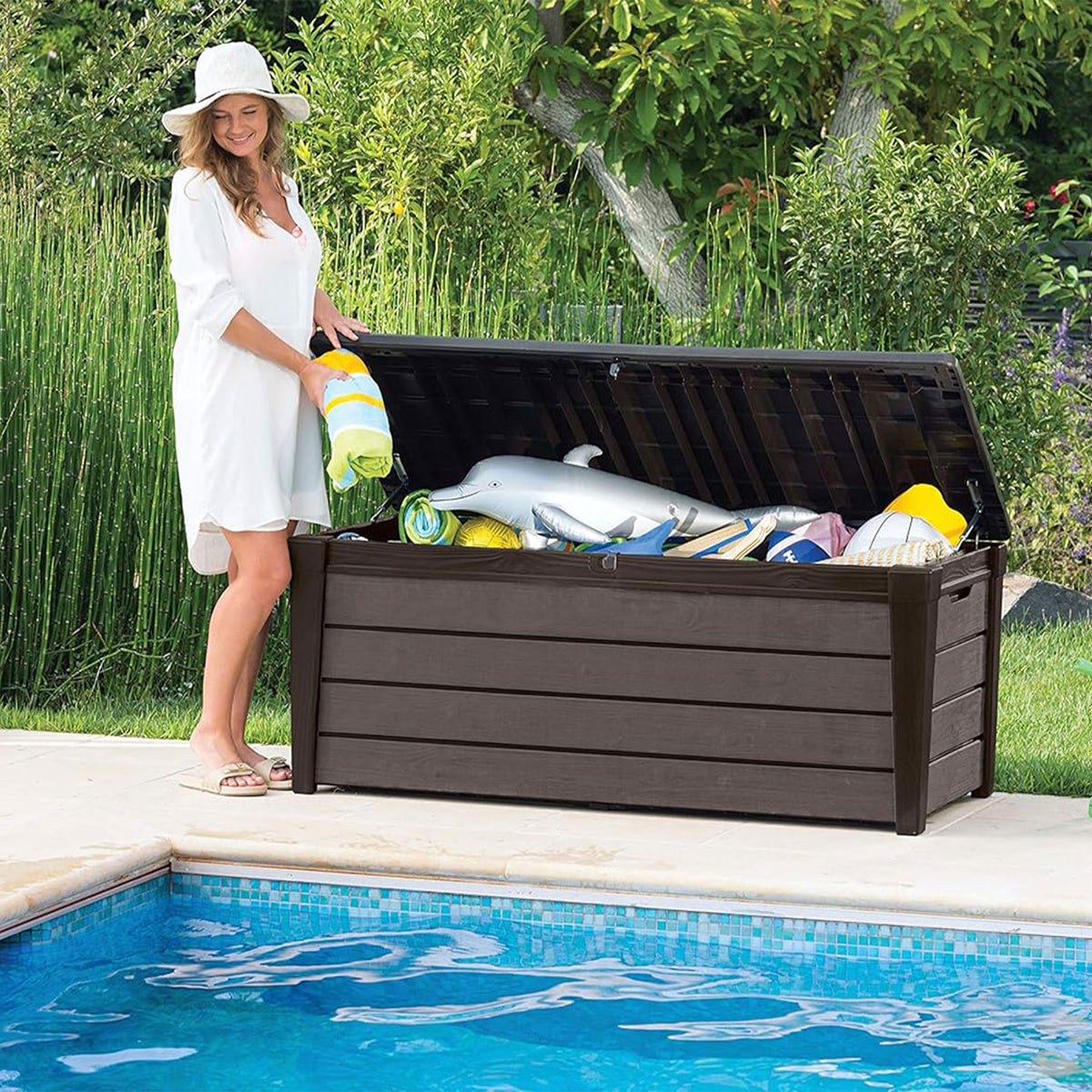 Keter Brushwood 120 Gal Resin Outdoor Deck Storage Box for Yard Tools(For Parts)