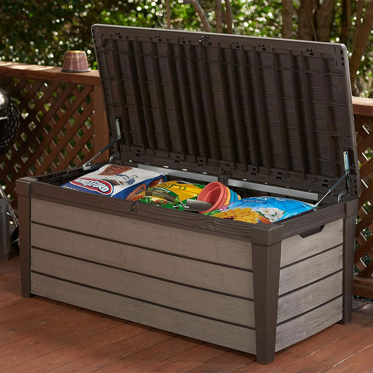 Keter Brushwood 120 Gal Resin Outdoor Deck Storage Box for Yard Tools(For Parts)
