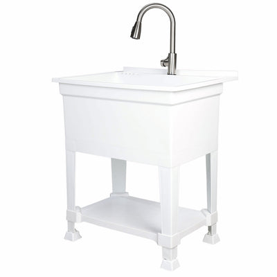 UTILITYSINKS Plastic 30” Freestanding Utility Tub Sink with Pull Faucet, White