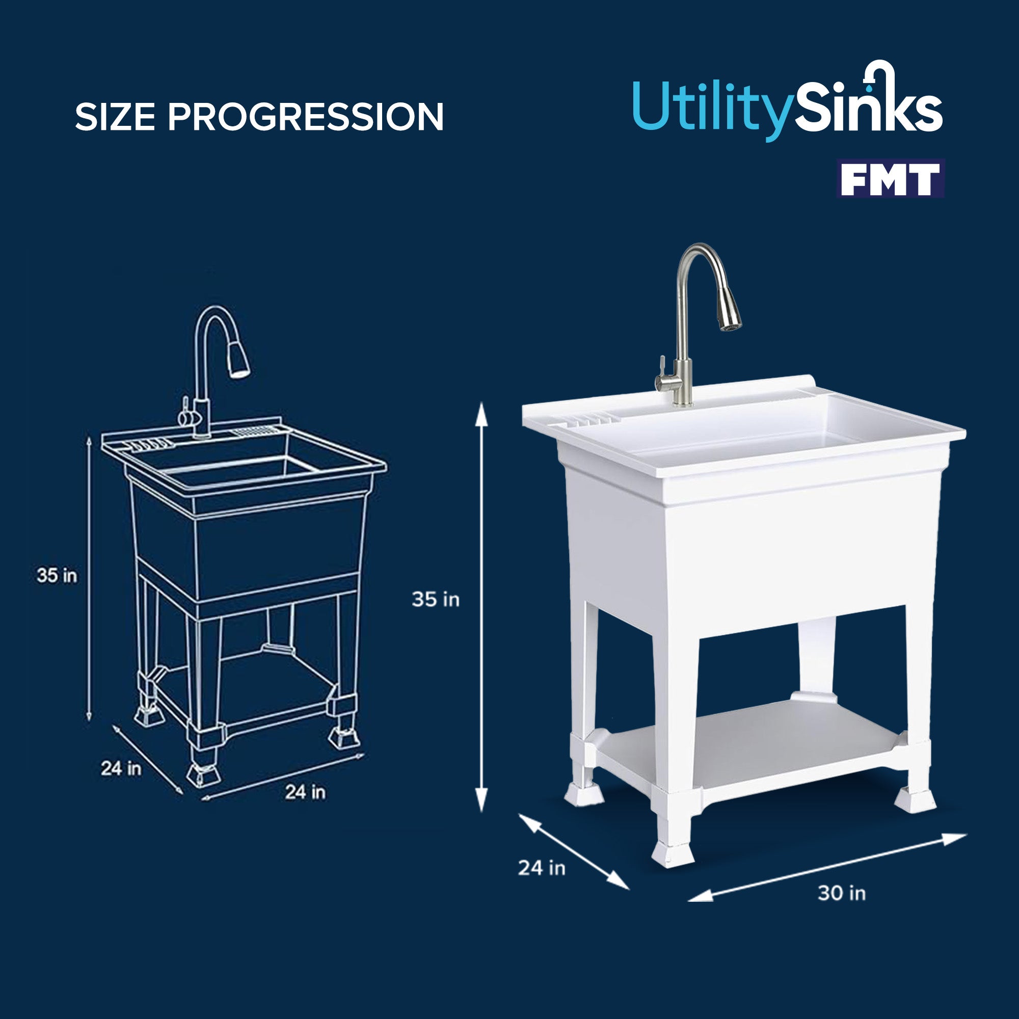 UTILITYSINKS Plastic 30” Freestanding Tub Sink with Pull Faucet,White(For Parts) - VMInnovations