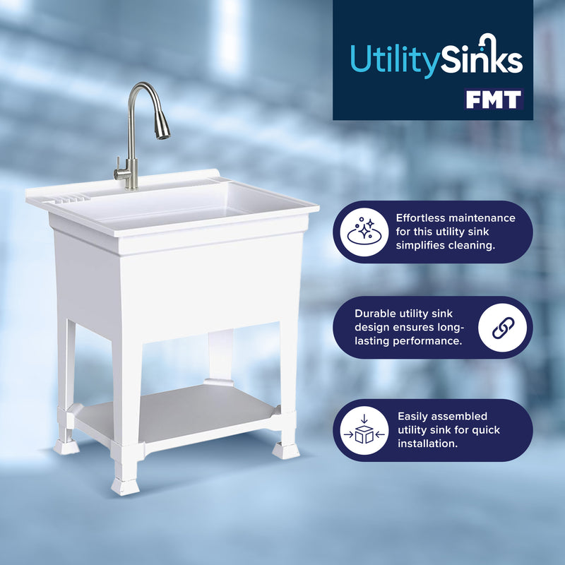 UTILITYSINKS Plastic 30” Freestanding Utility Tub Sink w/Pull Faucet,White(Used)