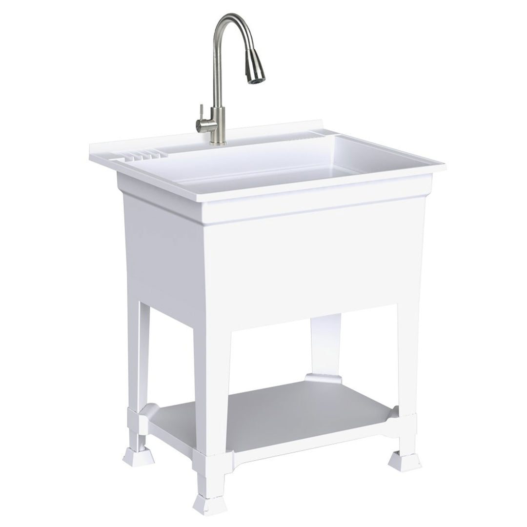 UTILITYSINKS Plastic 30” Freestanding Utility Tub Sink with Pull Faucet, White - VMInnovations