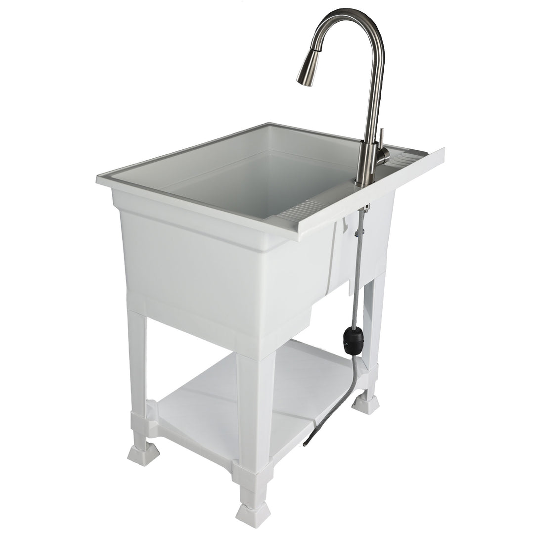 UTILITYSINKS Plastic 30” Freestanding Utility Tub Sink with Pull Faucet, White