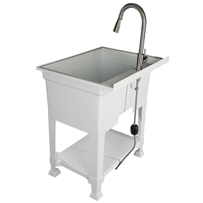 UTILITYSINKS Plastic 30” Freestanding Utility Tub Sink with Pull Faucet, White - VMInnovations