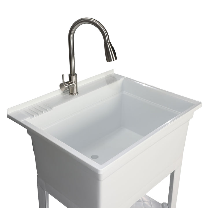 UTILITYSINKS Plastic 30” Freestanding Utility Tub Sink with Pull Faucet, White - VMInnovations