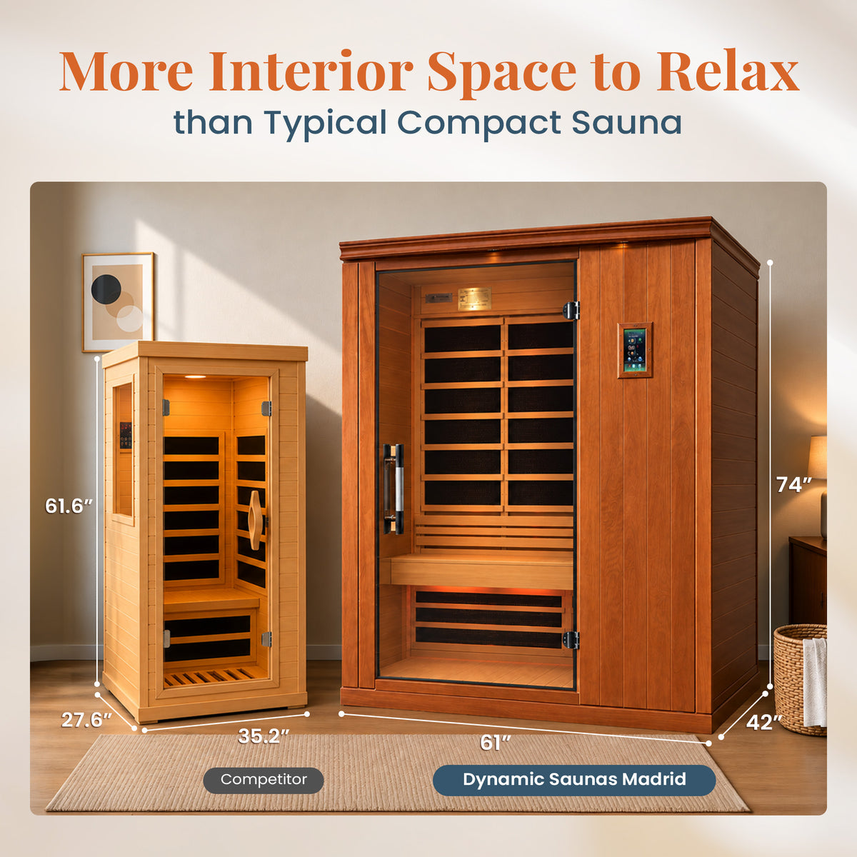 Dynamic Saunas Madrid Elite 3 Person Ultra Low EMF Infrared Lighting Home Sauna