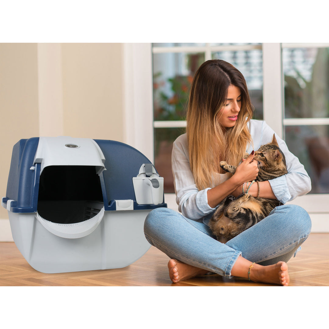 Omega Paw Roll N Clean Complete Self Cleaning Litter Box and 100 Bags, Blue