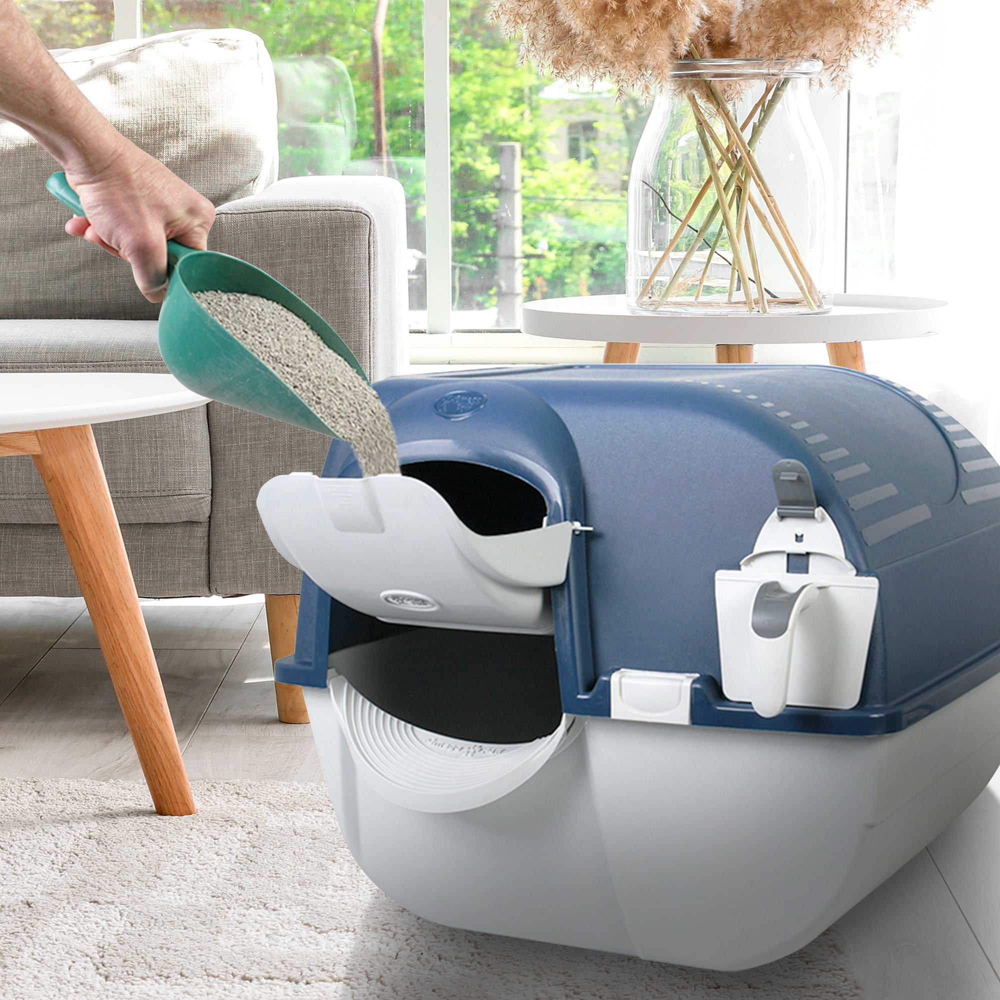 Omega Roll N Clean Complete Self Cleaning Litter Box & 100 Bags, Blue (Open Box) - VMInnovations