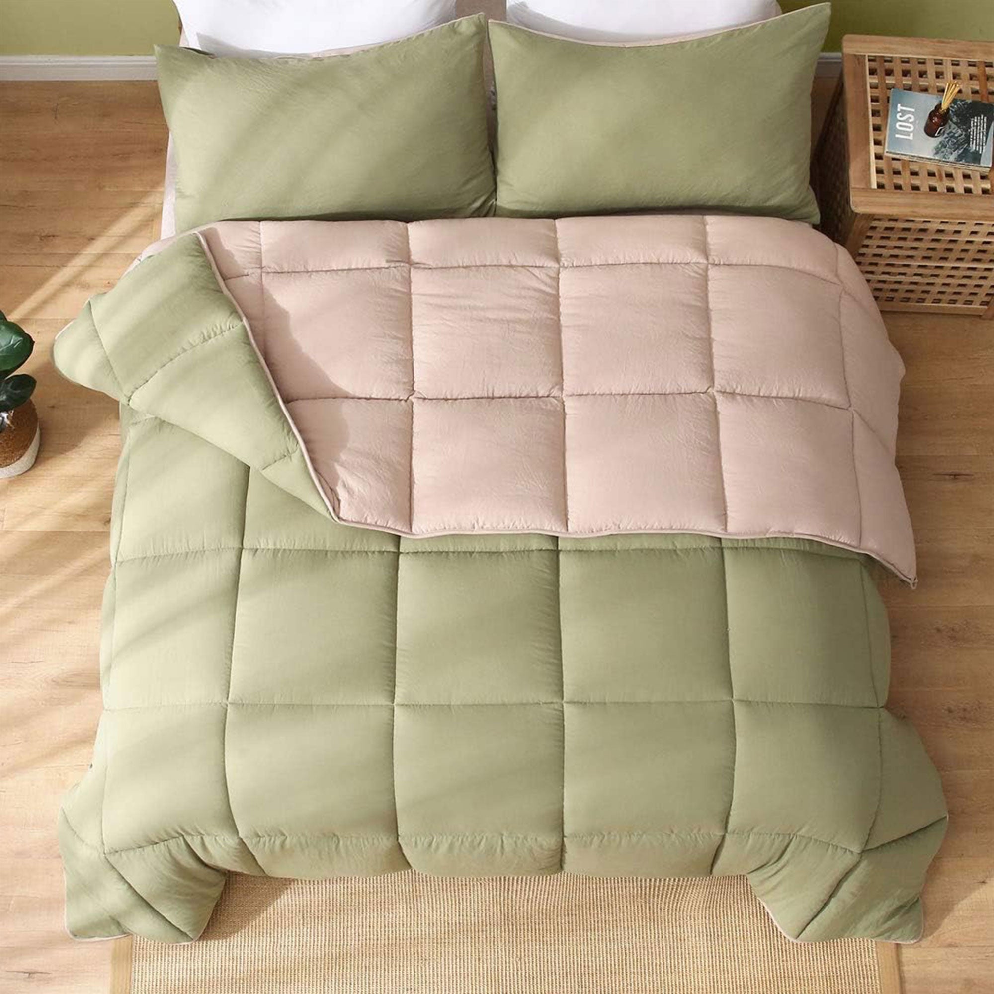 APSMILE Reversible All Season Down Alternative Full Queen Comforter, Green/Brown - VMInnovations