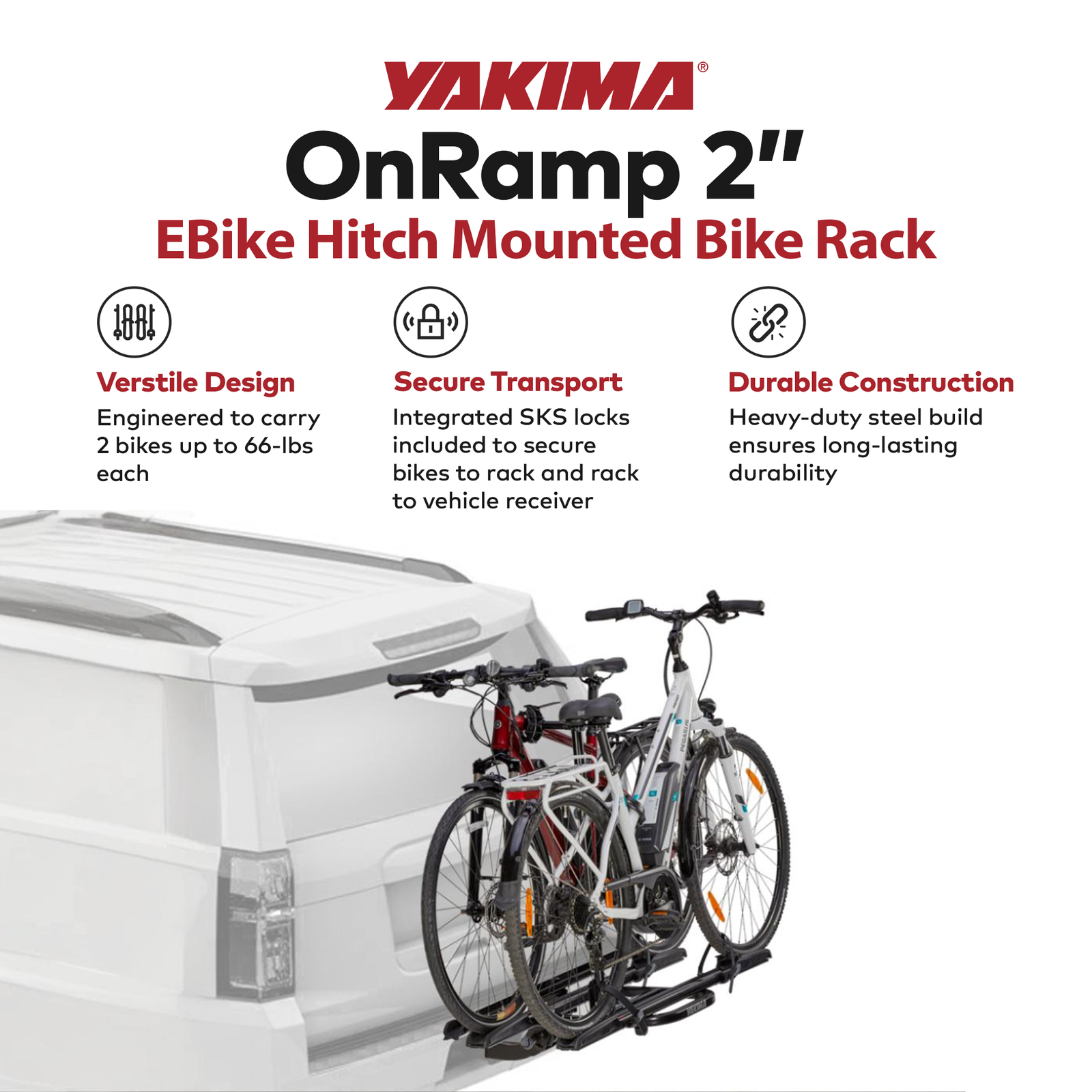 Yakima OnRamp 2 Inch EBike Hitch Mounted Bike Rack Holds 2 Bicycles, Black - VMInnovations