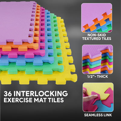 BalanceFrom Fitness 144 Sq Ft Interlocking EVA Foam Exercise Mat Tiles, Multi - VMInnovations