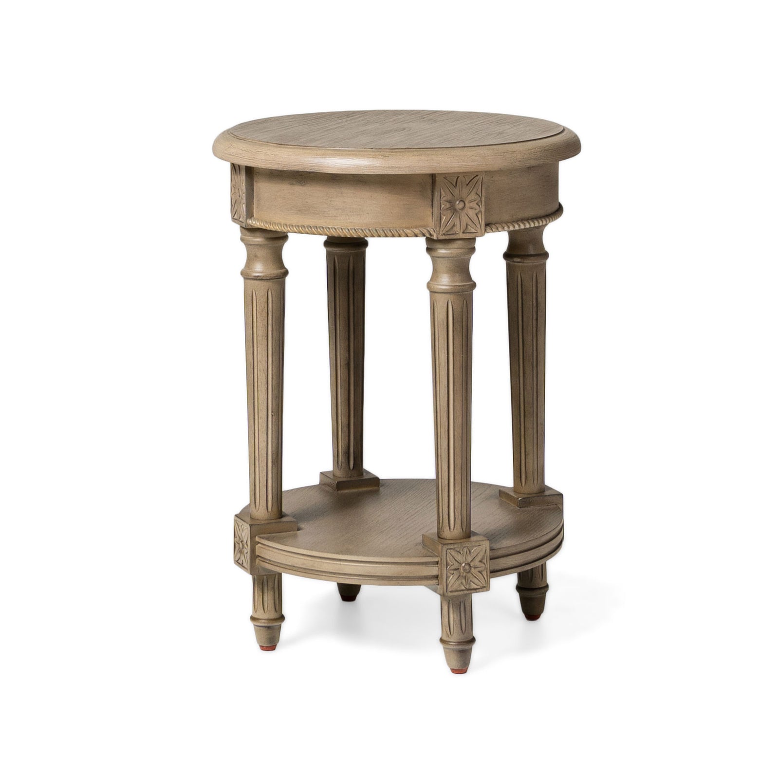 Maven Lane Pullman Traditional Round Wooden Side Table in Antiqued Grey Finish - VMInnovations