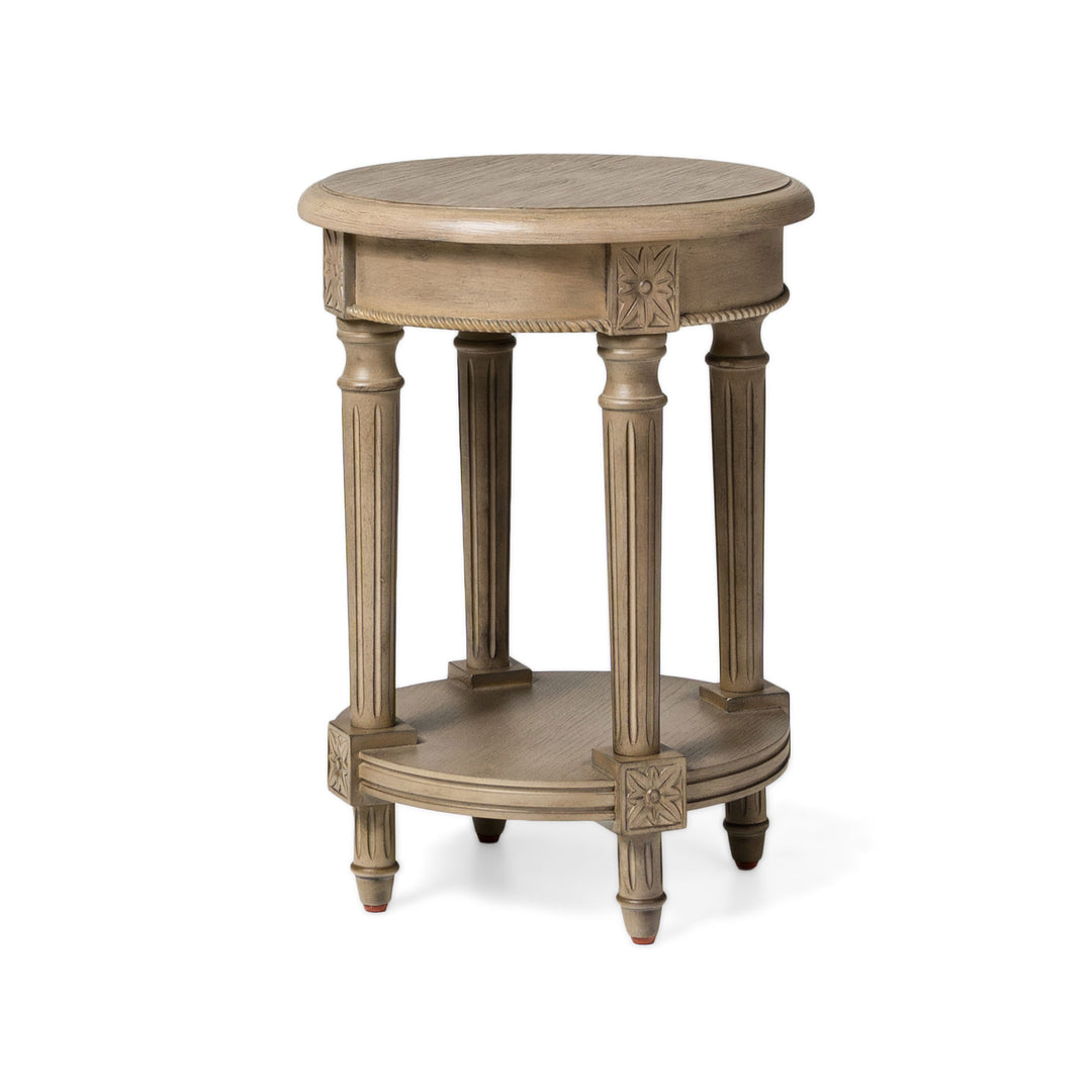 Maven Lane Traditional Round Wooden Side Table in Antiqued Grey Finish (Used) - VMInnovations