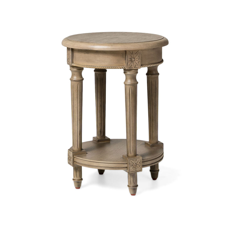 Maven Lane Traditional Round Wooden Side Table in Antiqued Grey Finish (Used) - VMInnovations