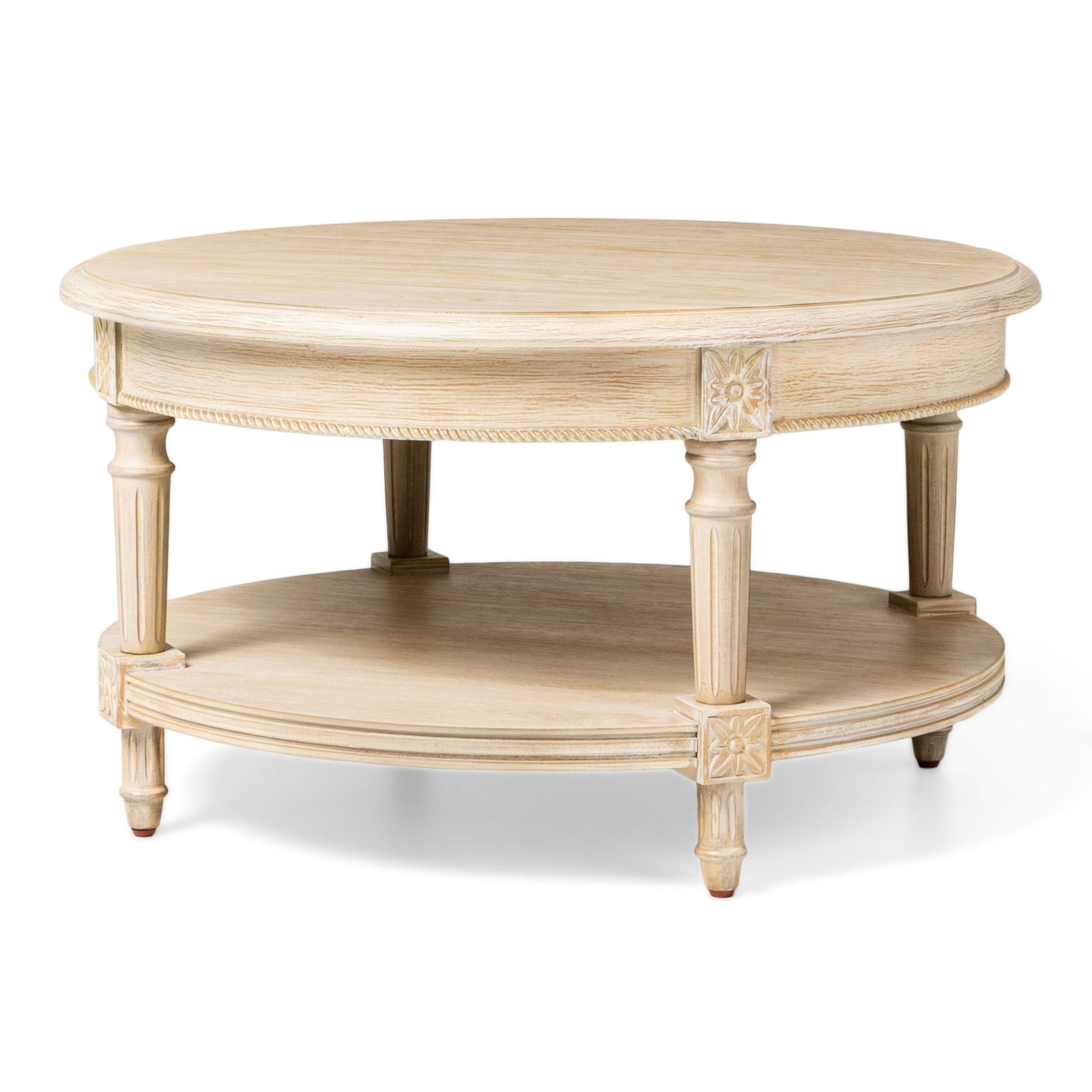 Maven Lane Pullman Traditional Round Wooden Coffee Table, Antiqued White Finish - VMInnovations