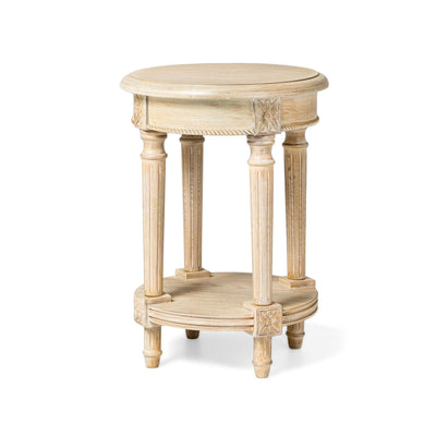 Maven Lane Traditional Round Wooden Side Table in Antiqued White Finish (Used) - VMInnovations