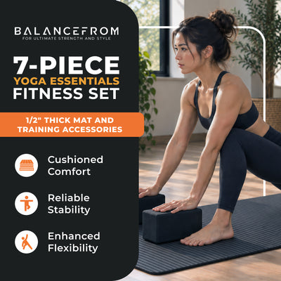 BalanceFrom 7pc Yoga Set w/Mat, Stretch Strap & Knee Pad, Black (Open Box)