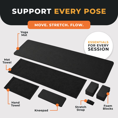 BalanceFrom 7pc Yoga Set w/Mat, Stretch Strap & Knee Pad, Black (Open Box)