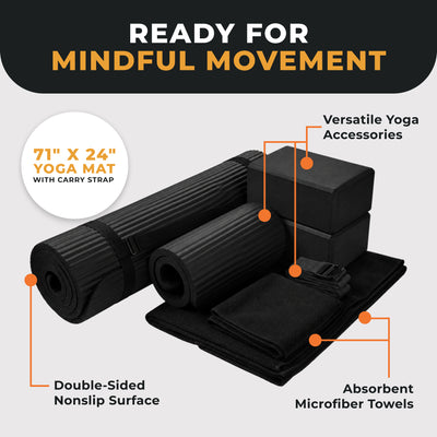 BalanceFrom 7pc Yoga Set w/Mat, Stretch Strap & Knee Pad, Black (Open Box)