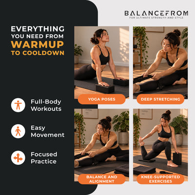 BalanceFrom 7pc Yoga Set w/Mat, Stretch Strap & Knee Pad, Black (Open Box)