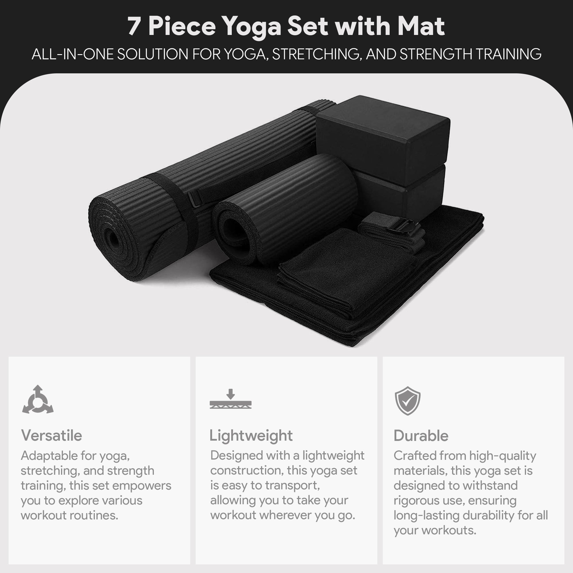 BalanceFrom Fitness 7pc Yoga Set with Mat, Stretch Strap & Knee Pad, Black(Used) - VMInnovations