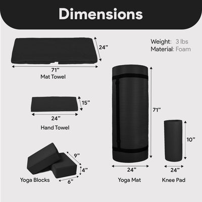 BalanceFrom Fitness 7 Piece Yoga Set with Mat, Stretch Strap & Knee Pad, Black