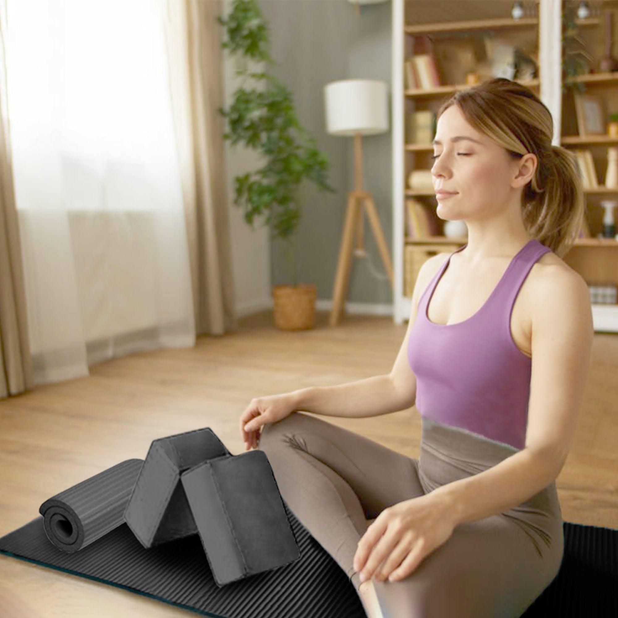 BalanceFrom Fitness 7pc Yoga Set with Mat, Stretch Strap & Knee Pad, Gray (Used)