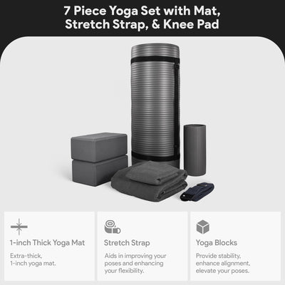 BalanceFrom Fitness 7pc Yoga Set with Mat, Stretch Strap & Knee Pad, Gray (Used) - VMInnovations