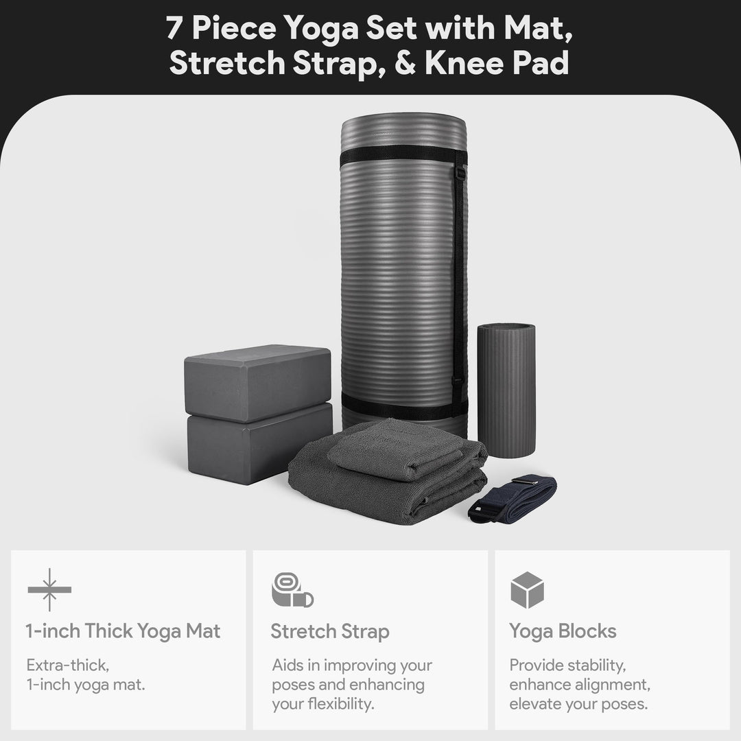 BalanceFrom 7pc Yoga Set with Mat, Stretch Strap & Knee Pad, Gray (Open Box)
