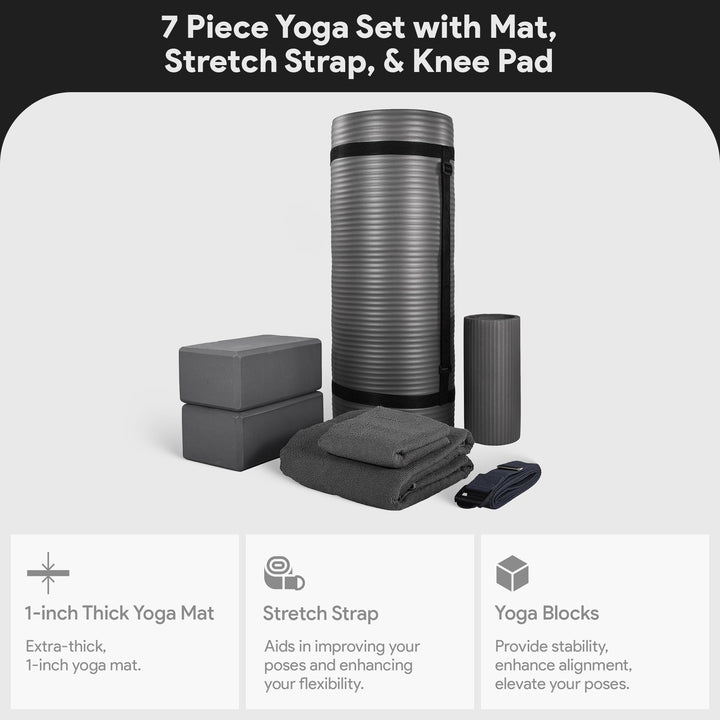 BalanceFrom 7pc Yoga Set with Mat, Stretch Strap & Knee Pad, Gray (Open Box)
