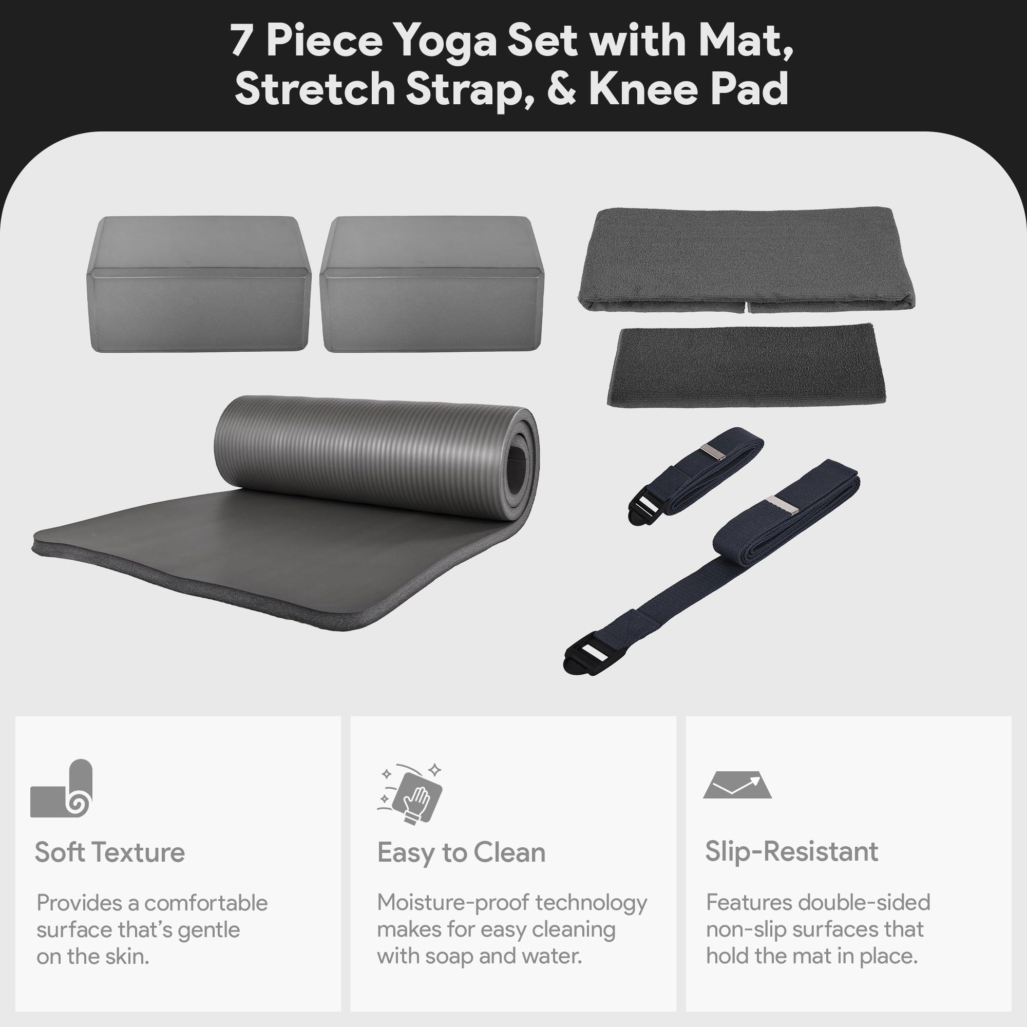 BalanceFrom 7pc Yoga Set with Mat, Stretch Strap & Knee Pad, Gray (Open Box)