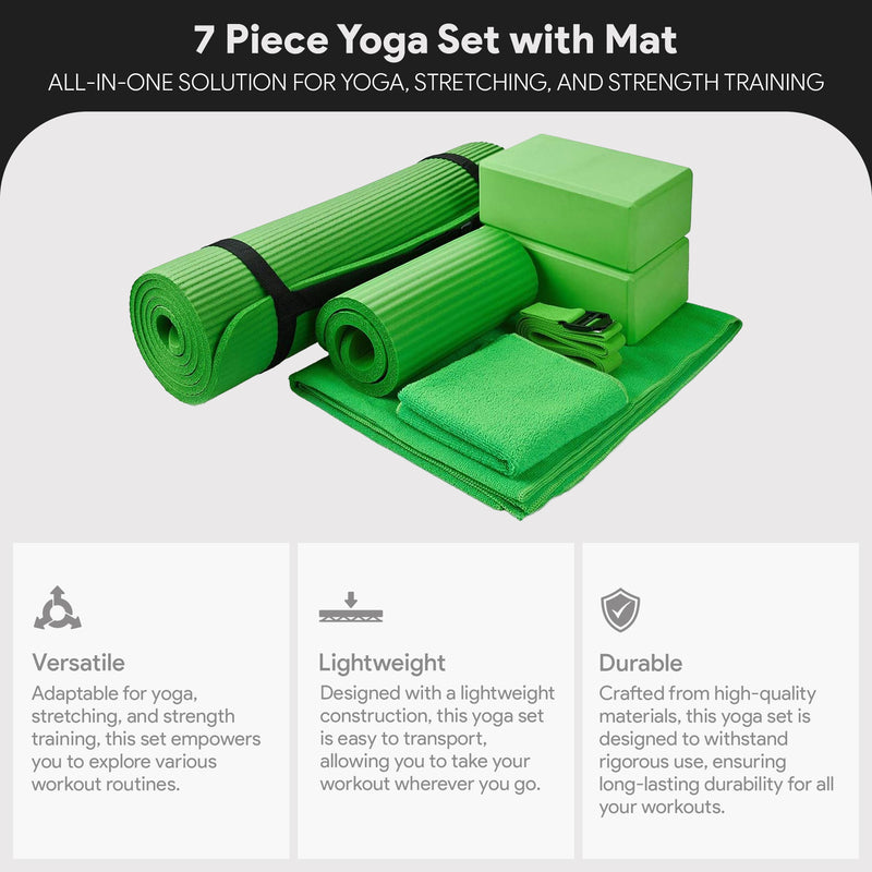 BalanceFrom 7pc Yoga Set with Mat, Stretch Strap & Knee Pad, Green (Open Box)