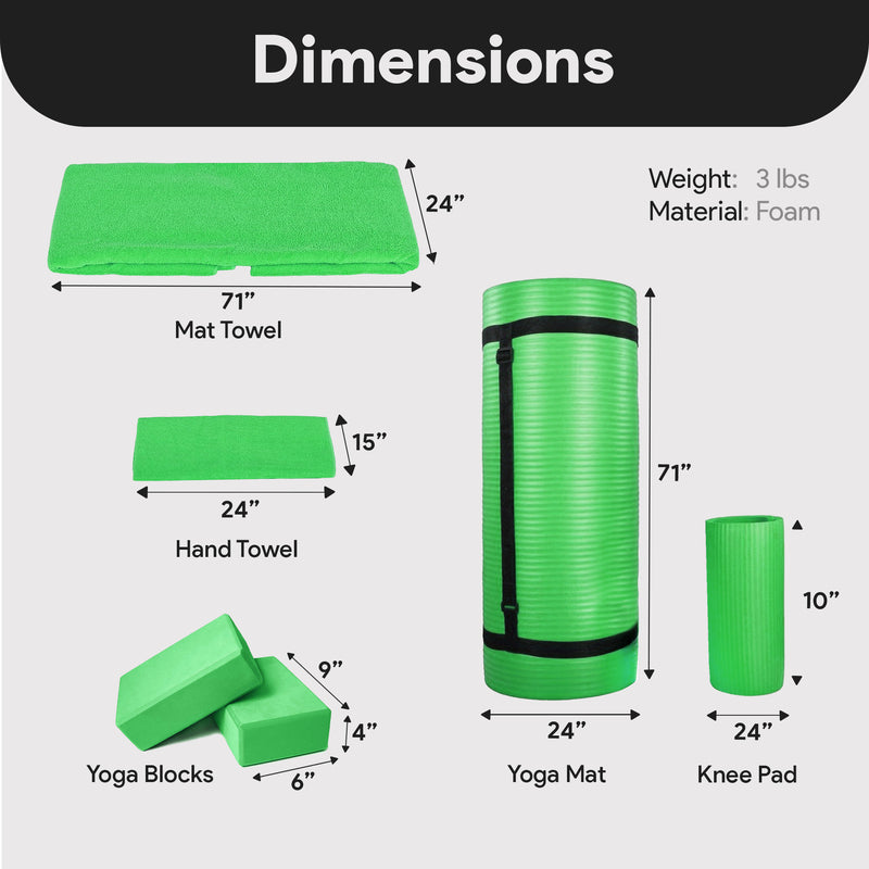 BalanceFrom 7pc Yoga Set with Mat, Stretch Strap & Knee Pad, Green (Open Box)