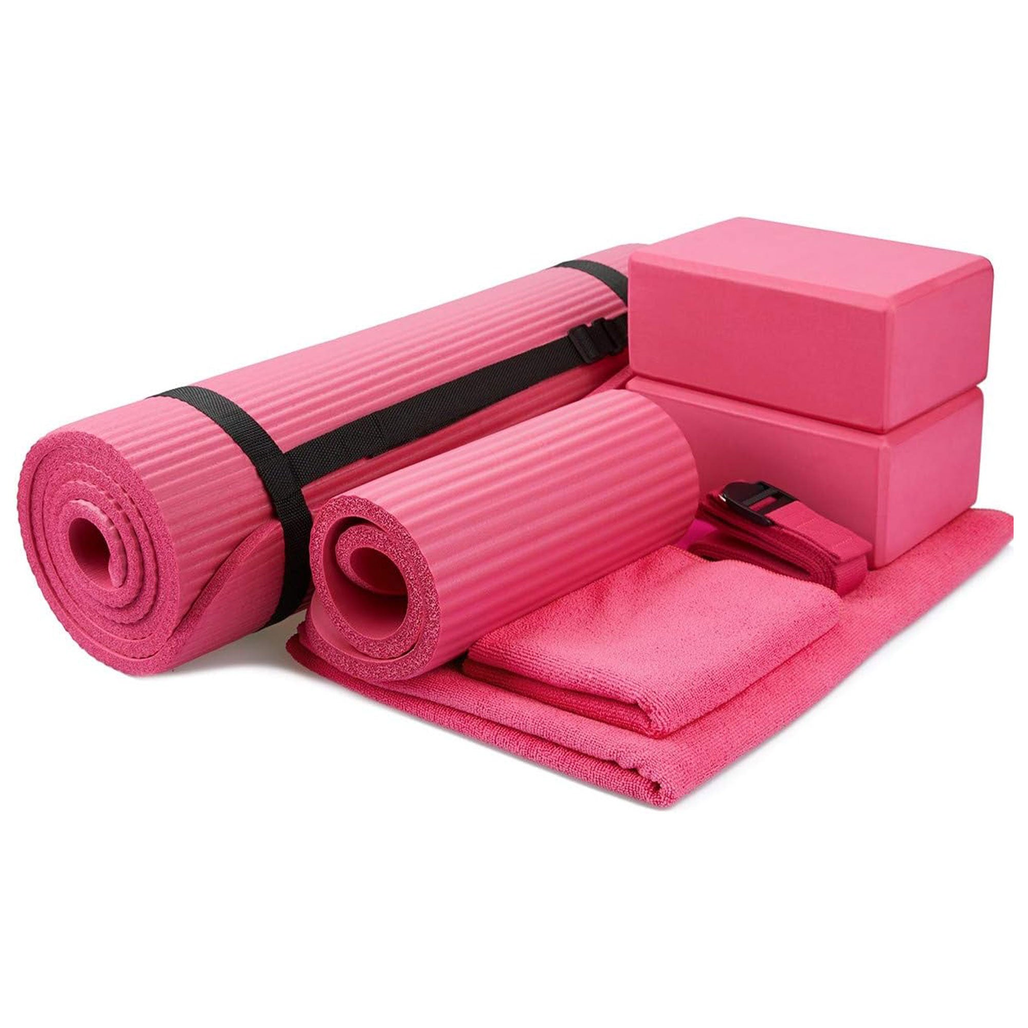 BalanceFrom Fitness 7pc Yoga Set with Mat, Stretch Strap & Knee Pad, Pink (Used) - VMInnovations