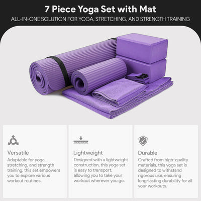 BalanceFrom Fitness 7 Piece Yoga Set with Mat, Stretch Strap & Knee Pad, Purple