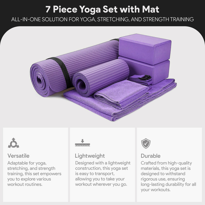 BalanceFrom 7pc Yoga Set w/Mat, Stretch Strap & Knee Pad, Purple (Open Box)