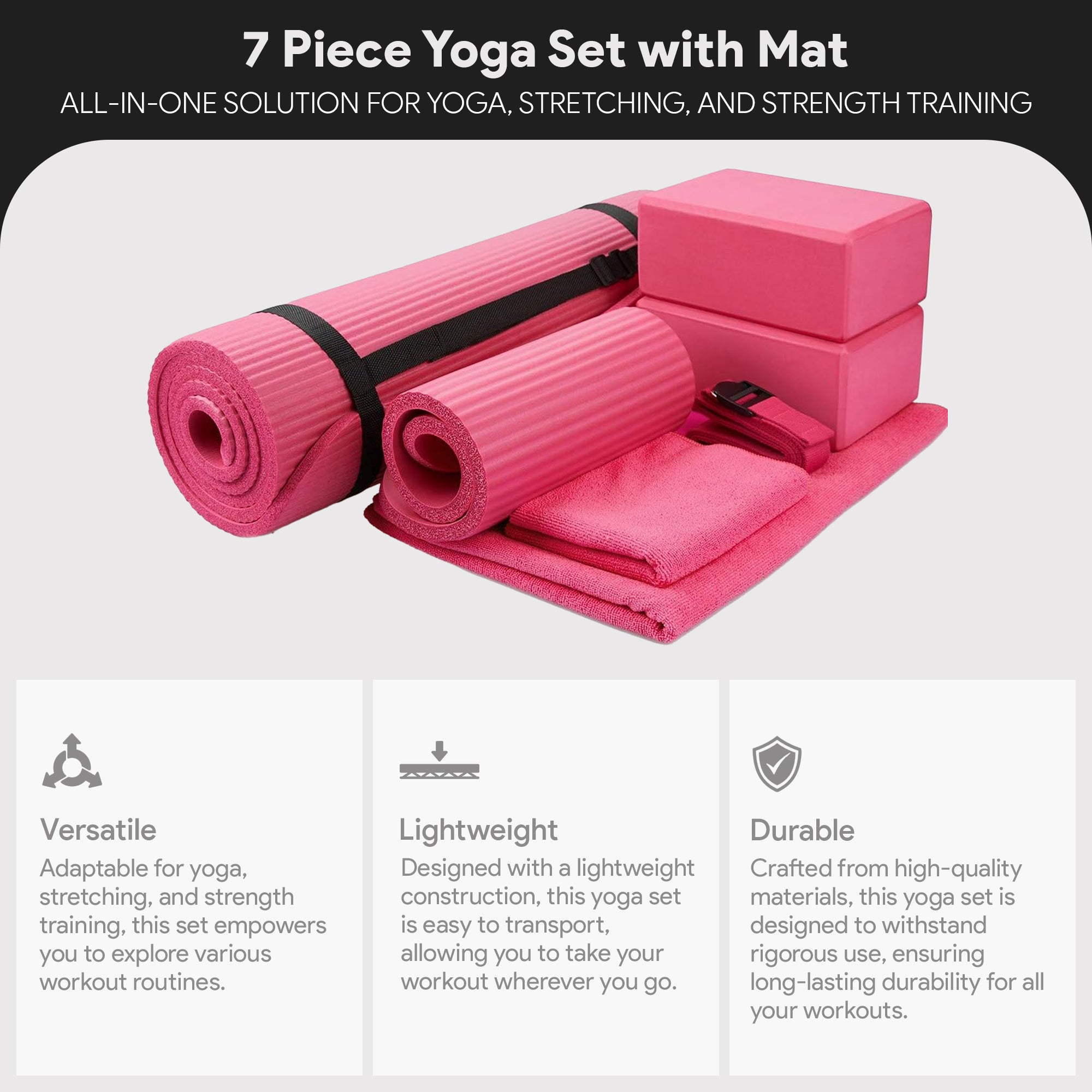 BalanceFrom Fitness 7pc Yoga Set with Mat, Stretch Strap & Knee Pad, Pink (Used) - VMInnovations